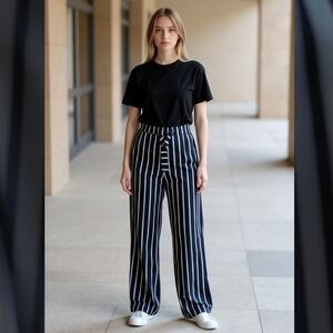 H&M Navy White Stripe Wide Leg Trousers Paperbag Waist Nautical Chic